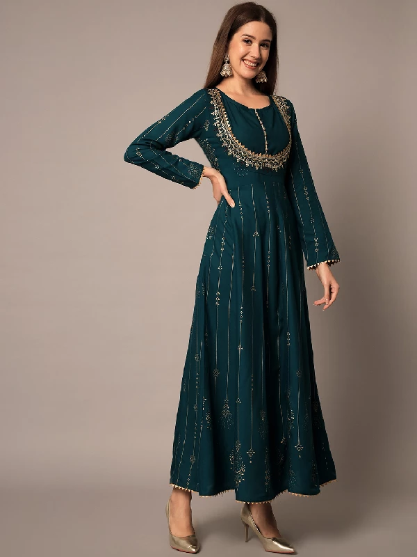 Traditional Function Wear Heavy Rayon Readymade Suit, Chiffon - Teal-2.webp